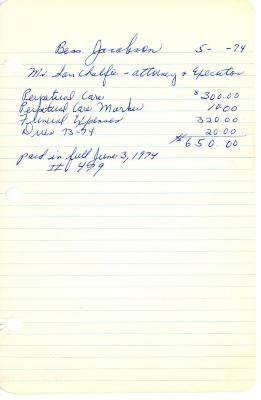 Bess Jacobson's cemetery account statement from Kneseth Israel beginning May, 1974