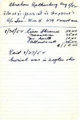 Abraham Rathenberg's cemetery account statement from Kneseth Israel, beginning August 25, 1952