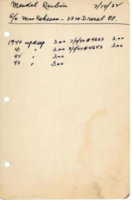 Mendel Rubin's cemetery account statement from Kneseth Israel, beginning in 1940