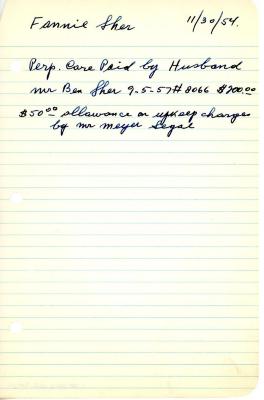 Fannie Sher's cemetery account statement from Kneseth Israel, beginning September 5, 1957