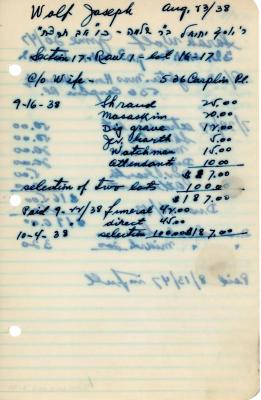 Joseph Wolf's cemetery account statement from Kneseth Israel, beginning September 16, 1938