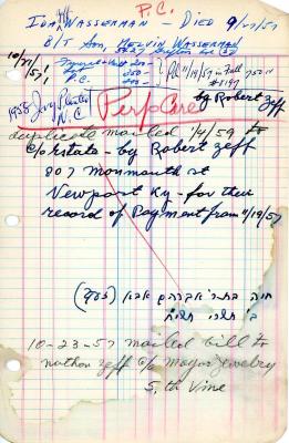 Ida Wasserman's cemetery account statement from Kneseth Israel, beginning October 21, 1957