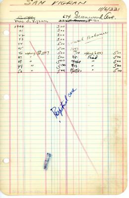 Sam Vigran's cemetery account statement from Kneseth Israel, beginning in 1940