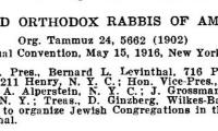 Listing of Officers of the Agudas HaRabonim from 1916 - 1917