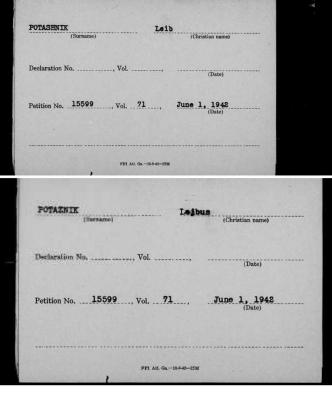 Naturalization Cards for Rabbi Rabbi Leib Potashnik