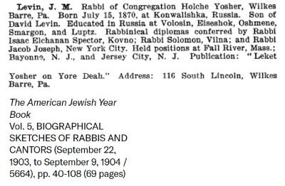 Bio of Rabbi Joseph Meyer Levin from the 1903 American Jewish Year Book 