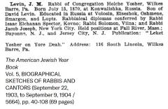 Bio of Rabbi Joseph Meyer Levin from the 1903 American Jewish Year Book 