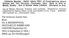 Bio of Rabbi Sander (Sender) Lifshitz from the 1903 American Jewish Yearbook