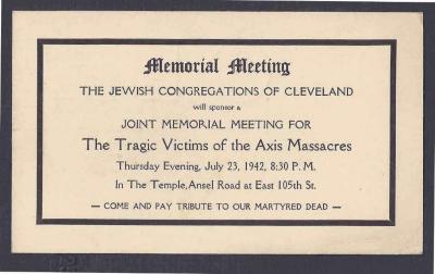 Notice of Memorial Meeting by the The Jewish Congregations of Cleveland for the Jewish Victims of the Nazis - 1942