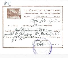 Rabbinical College "Kol Tora" Jerusalem Contribution Receipts 1966, 1967 & 1968