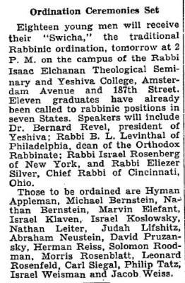 Article on April 1940 Ordination of Rabbis from the Rabbi Isaac Elchanan Theological Seminary and Yeshiva College