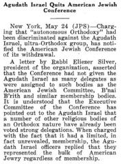 Article Regarding Agudath Israel of America Quitting the American Jewish Conference in May 1943  