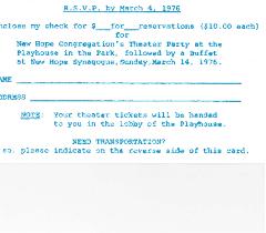New Hope Congregation - Theater Party RSVP - 1976