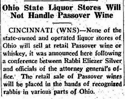  Article Regarding Sale of Passover Wines in Ohio in 1935 by Local Rabbis Rather than Ohio State liquor Stores