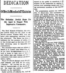 Article Regarding 1914 Dedication of Beth Moshab Z'Kainim, Cincinnati’s Orthodox Jewish Home for the Aged