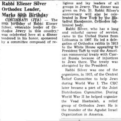 Southern Israelite, "Rabbi Eliezer Silver Orthodox Leader, Marks 80th Birthday" article from 2/24/1961