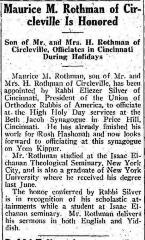 Article Regarding Rabbi Eliezer Silver Appointing Maurice M. Rothman to Officiate the 1932 High Holidays at Beth Jacob Synagogue in Cincinnati, Ohio