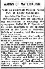 Rabbi Chaim Fishel Epstein Warns of Materialism at 1931 Installation of Rabbi Eliezer Silver as Chief Rabbi of Cincinnati