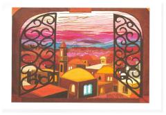 Card depicting sunset skyline 