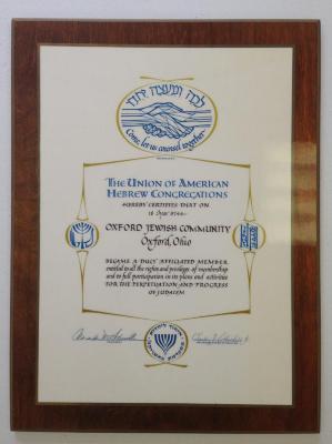 Oxford Ohio Jewish Community Plaque of Affiliation with the Union of American Hebrew Congregations