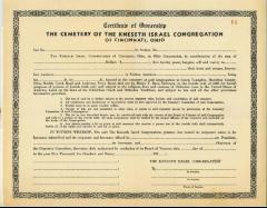 Certificate of Ownership for the Cemetery of the Kneseth Israel Congregation of Cincinnati, Ohio