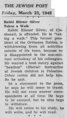 Article Regarding Rabbi Eliezer Silver Taking a Temporary Break From Public Affairs in 1945