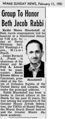 Article Regarding Rabbi Moses Mescheloff Being Honored With Rabbi Eliezer Silver Giving Keynote Address 1951