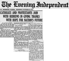 Article Regarding Thanksgiving Greetings in 1932 from Jewish, Catholic and Protestant Leaders 