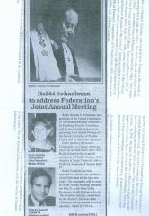 Rabbi Schaalman to address Federation's Joint Annual Meeting - newspaper clipping