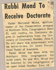 Rabbi Mond of Northern Hills Synagogue (Beth El) Receives his Doctorate Degree 1963 (Cincinnati, OH) 