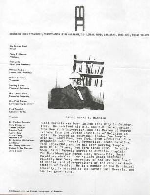 Installation Services of Rabbi Henry E. Barneis as Rabbi of Congregation B’Nai Avraham 1969 (Cincinnati, OH) 