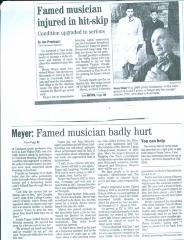 "Famed musician injured in hit-skip" - newspaper clipping 