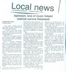 "Optimism, love of music helped violinist survive Holocaust" - article published in The American Israelite